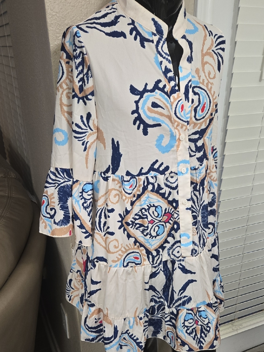 Women's White Tiered Button-Front Dress with Blue & Tan Print